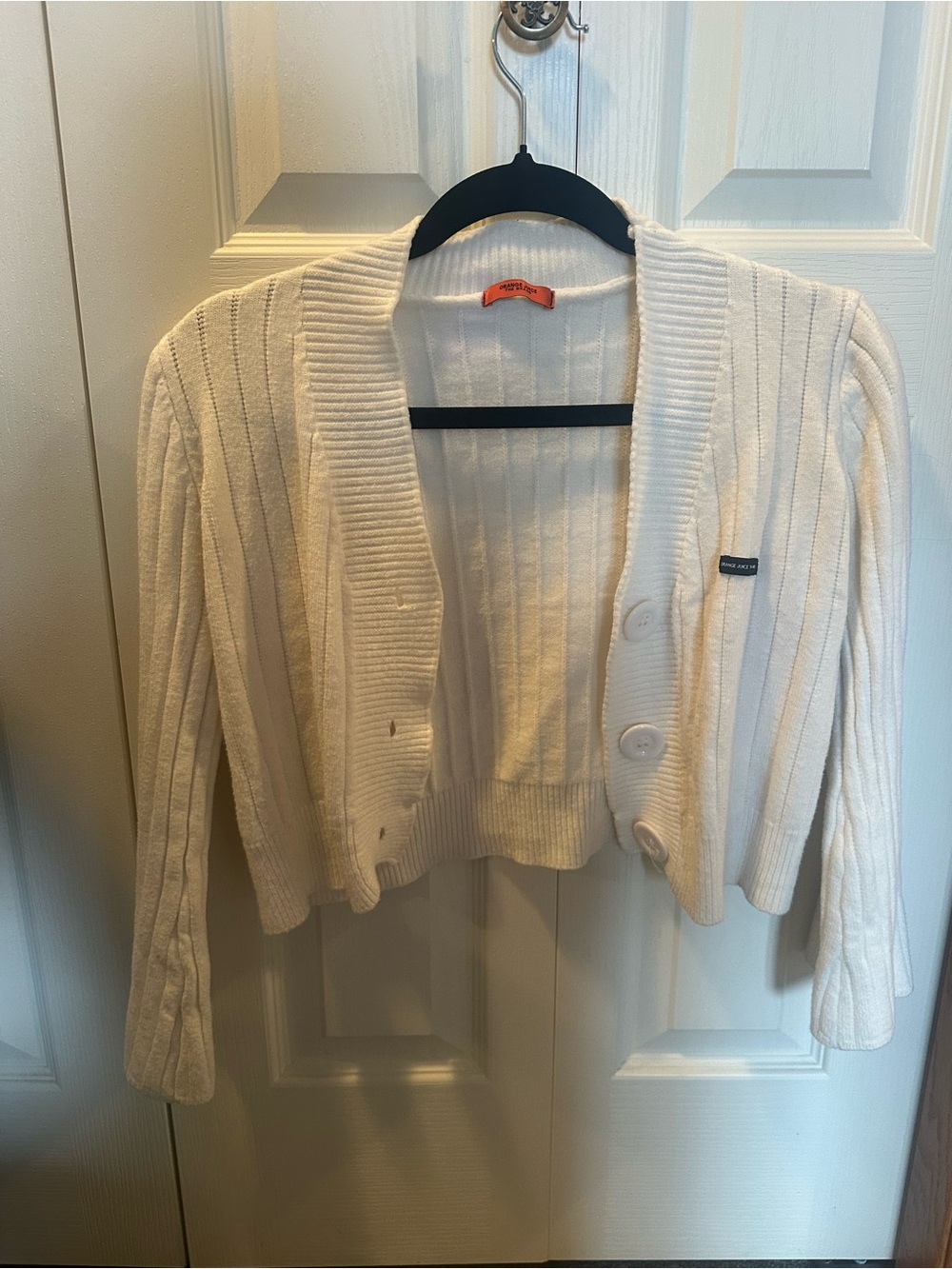 White Ribbed Cropped Button Cardigan Sweater - Picture 2 of 2